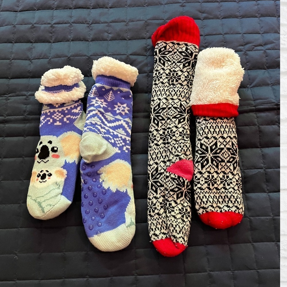 2 Pairs Fleece-Lined Plush Slipper Socks, Winter Warm, Fuzzy Thick Mid-Calf Sock